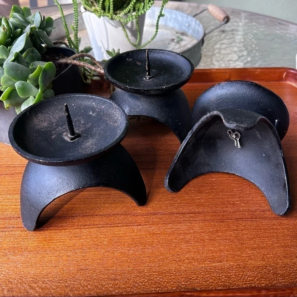 Mid Century Black Cast Iron Tripod Candle Holders Set of 3